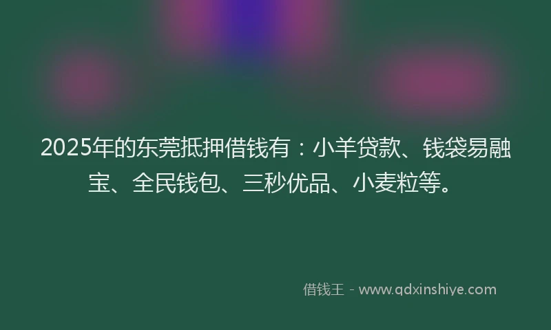 2025年的东莞抵押借钱有：小羊贷款、钱袋易融宝、全民钱包、三秒优品、小麦粒等。