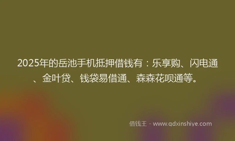 2025年的岳池手机抵押借钱有：乐享购、闪电通、金叶贷、钱袋易借通、森森花呗通等。