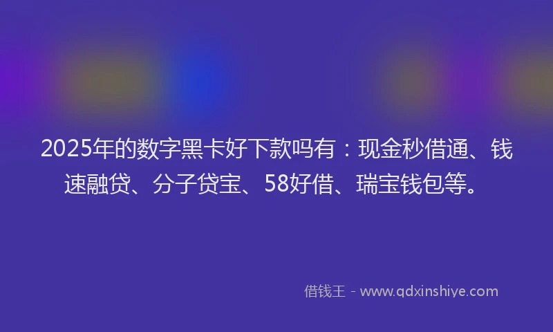 2025年的数字黑卡好下款吗有：现金秒借通、钱速融贷、分子贷宝、58好借、瑞宝钱包等。