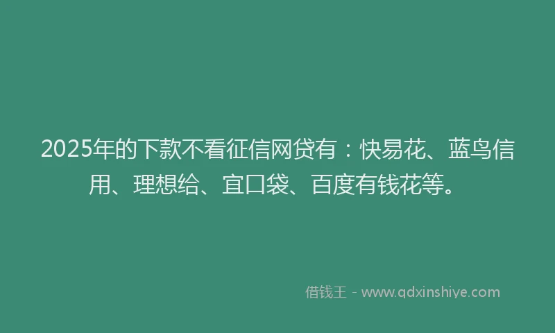 2025年的下款不看征信网贷有：快易花、蓝鸟信用、理想给、宜口袋、百度有钱花等。