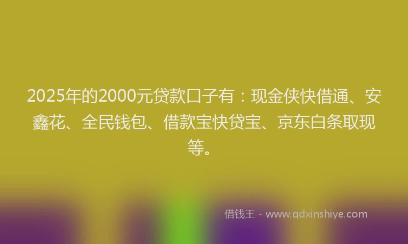 2025年的2000元贷款口子有：现金侠快借通、安鑫花、全民钱包、借款宝快贷宝、京东白条取现等。