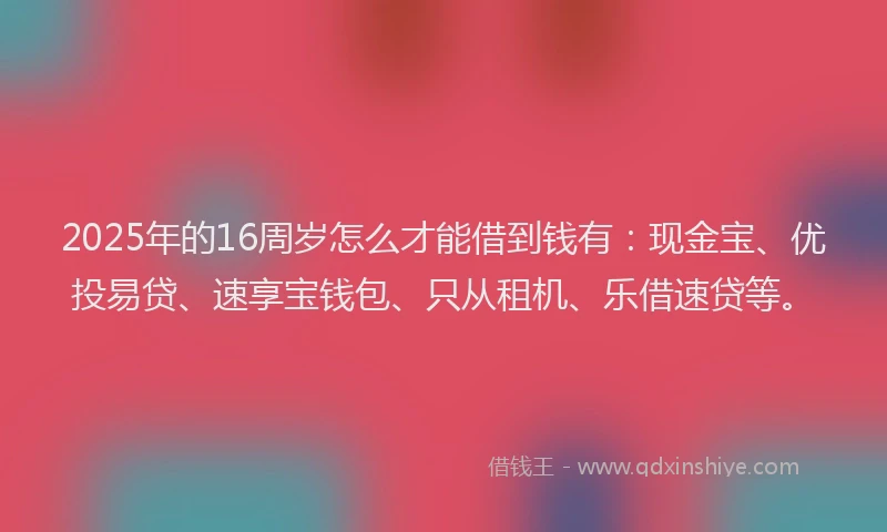 2025年的16周岁怎么才能借到钱有：现金宝、优投易贷、速享宝钱包、只从租机、乐借速贷等。