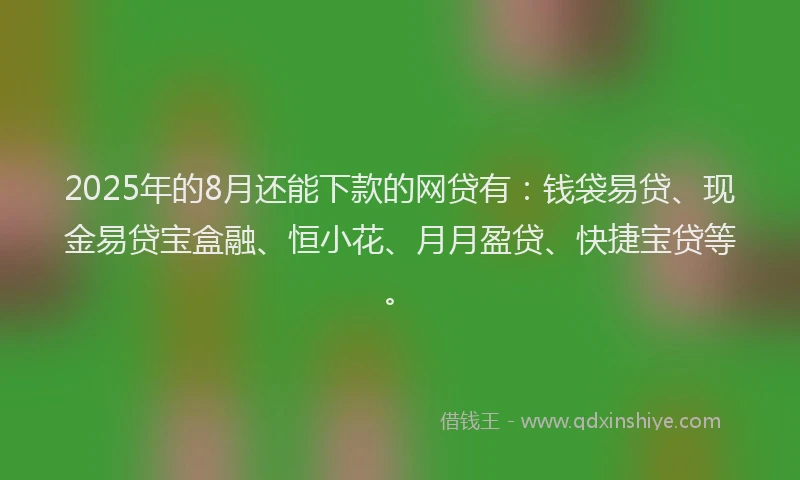 2025年的8月还能下款的网贷有：钱袋易贷、现金易贷宝盒融、恒小花、月月盈贷、快捷宝贷等。