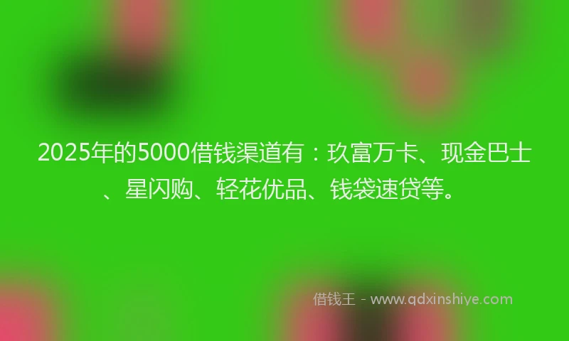 2025年的5000借钱渠道有：玖富万卡、现金巴士、星闪购、轻花优品、钱袋速贷等。