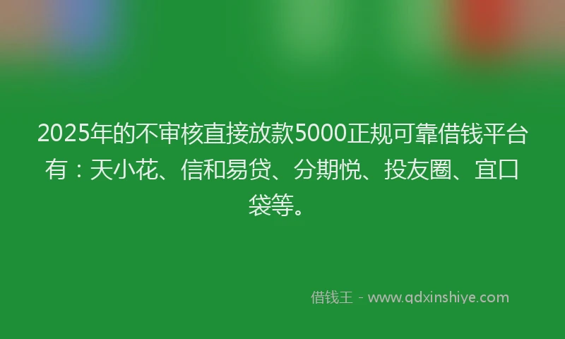 2025年的不审核直接放款5000正规可靠借钱平台有：天小花、信和易贷、分期悦、投友圈、宜口袋等。