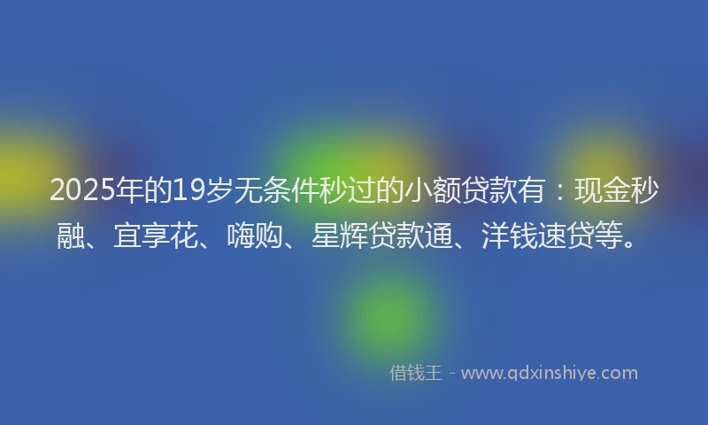 2025年的19岁无条件秒过的小额贷款有：现金秒融、宜享花、嗨购、星辉贷款通、洋钱速贷等。