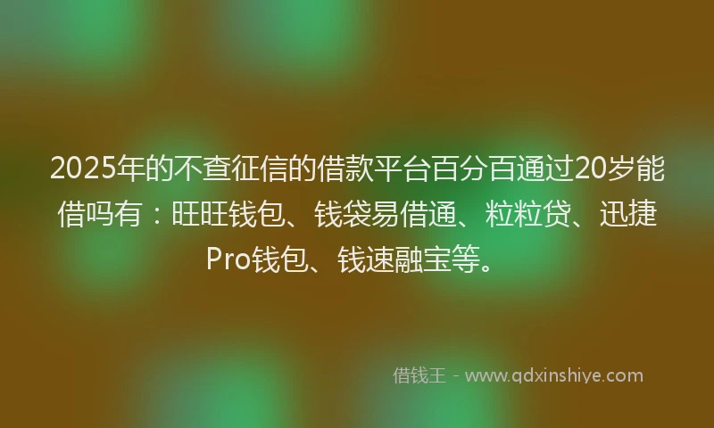2025年的不查征信的借款平台百分百通过20岁能借吗有：旺旺钱包、钱袋易借通、粒粒贷、迅捷Pro钱包、钱速融宝等。
