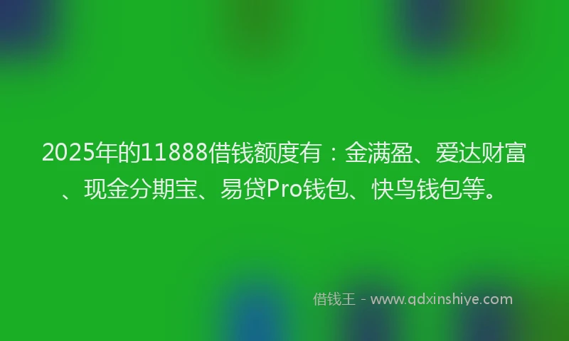 2025年的11888借钱额度有：金满盈、爱达财富、现金分期宝、易贷Pro钱包、快鸟钱包等。