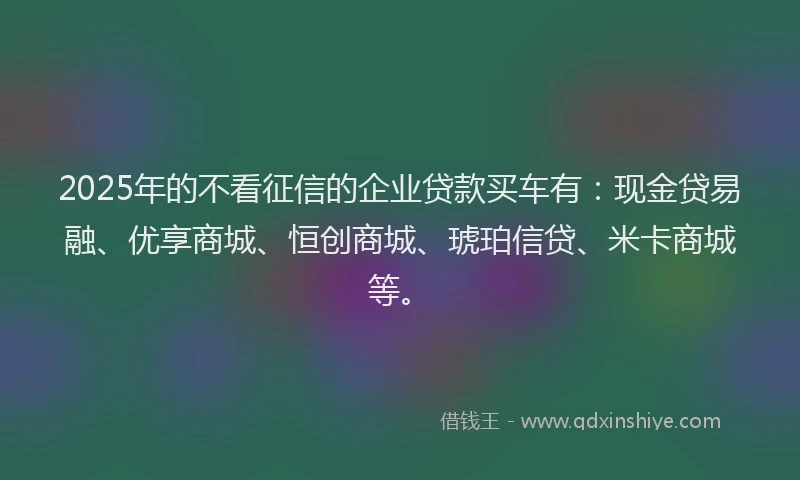 2025年的不看征信的企业贷款买车有：现金贷易融、优享商城、恒创商城、琥珀信贷、米卡商城等。