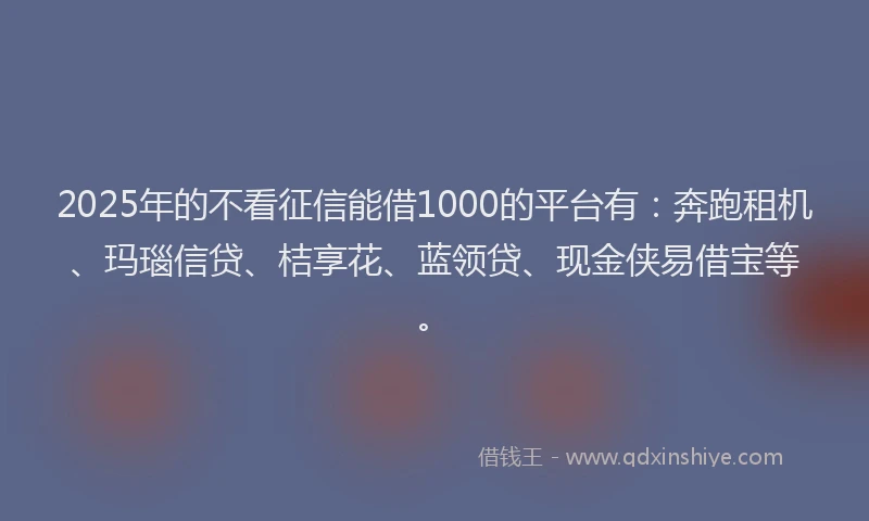 2025年的不看征信能借1000的平台有：奔跑租机、玛瑙信贷、桔享花、蓝领贷、现金侠易借宝等。