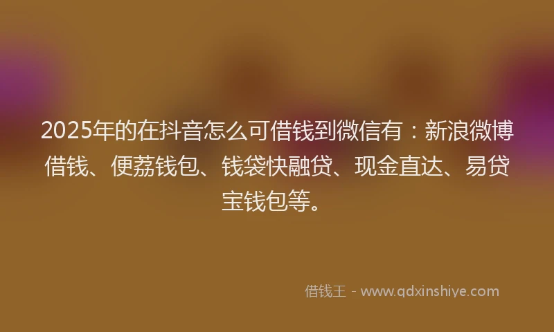 2025年的在抖音怎么可借钱到微信有：新浪微博借钱、便荔钱包、钱袋快融贷、现金直达、易贷宝钱包等。