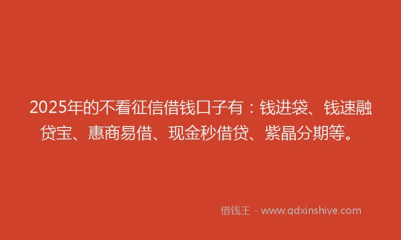 2025年的不看征信借钱口子有：钱进袋、钱速融贷宝、惠商易借、现金秒借贷、紫晶分期等。