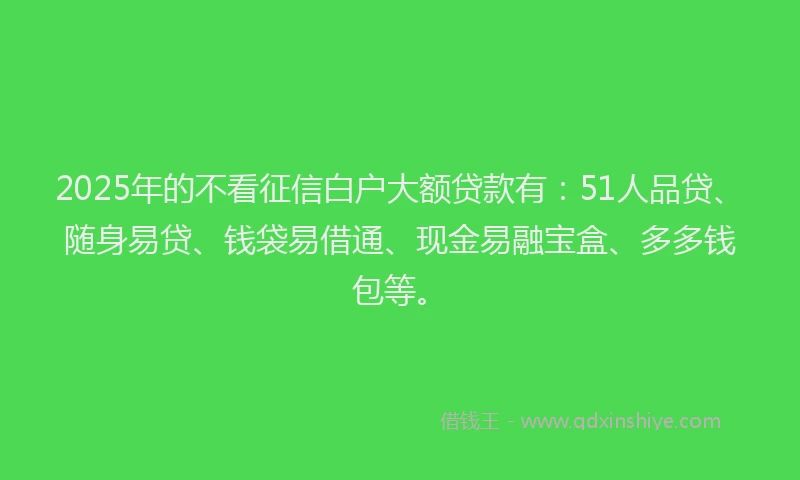 2025年的不看征信白户大额贷款有：51人品贷、随身易贷、钱袋易借通、现金易融宝盒、多多钱包等。