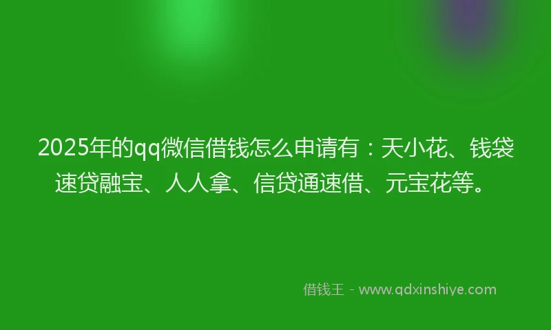 2025年的qq微信借钱怎么申请有：天小花、钱袋速贷融宝、人人拿、信贷通速借、元宝花等。