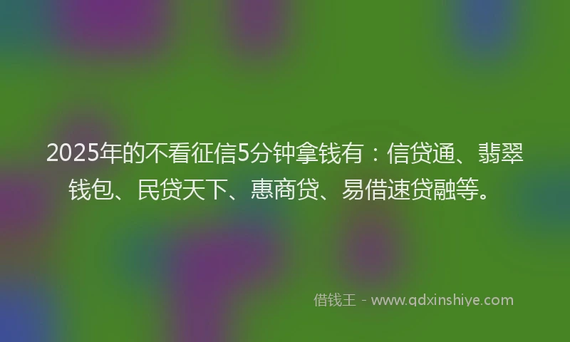 2025年的不看征信5分钟拿钱有：信贷通、翡翠钱包、民贷天下、惠商贷、易借速贷融等。