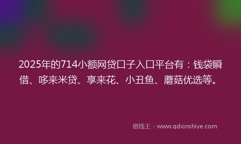 2025年的714小额网贷口子入口平台有：钱袋瞬借、哆来米贷、享来花、小丑鱼、蘑菇优选等。