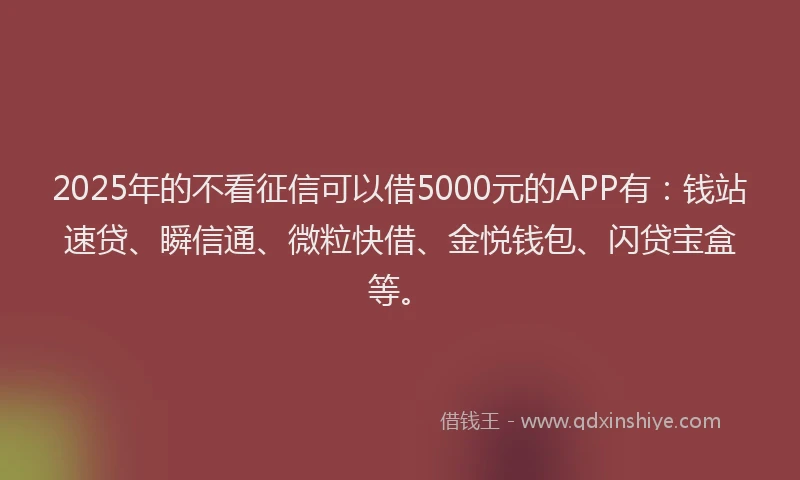 2025年的不看征信可以借5000元的APP有：钱站速贷、瞬信通、微粒快借、金悦钱包、闪贷宝盒等。
