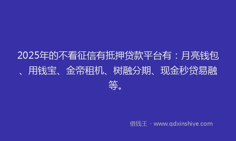 2025年的不看征信有抵押贷款平台有：月亮钱包、用钱宝、金帝租机、树融分期、现金秒贷易融等。
