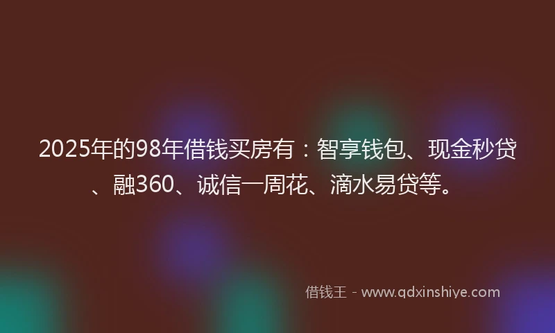 2025年的98年借钱买房有：智享钱包、现金秒贷、融360、诚信一周花、滴水易贷等。