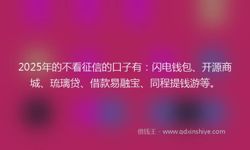 2025年的不看征信的口子有：闪电钱包、开源商城、琉璃贷、借款易融宝、同程提钱游等。