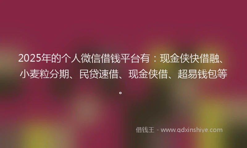 2025年的个人微信借钱平台有：现金侠快借融、小麦粒分期、民贷速借、现金侠借、超易钱包等。