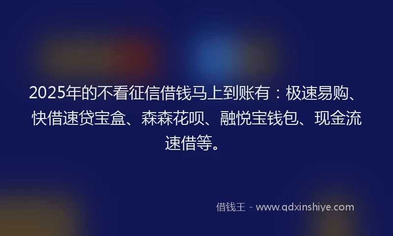2025年的不看征信借钱马上到账有：极速易购、快借速贷宝盒、森森花呗、融悦宝钱包、现金流速借等。