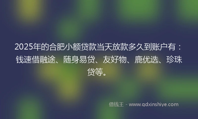 2025年的合肥小额贷款当天放款多久到账户有：钱速借融途、随身易贷、友好物、鹿优选、珍珠贷等。