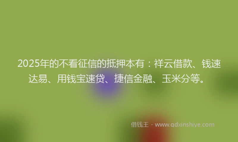 2025年的不看征信的抵押本有：祥云借款、钱速达易、用钱宝速贷、捷信金融、玉米分等。