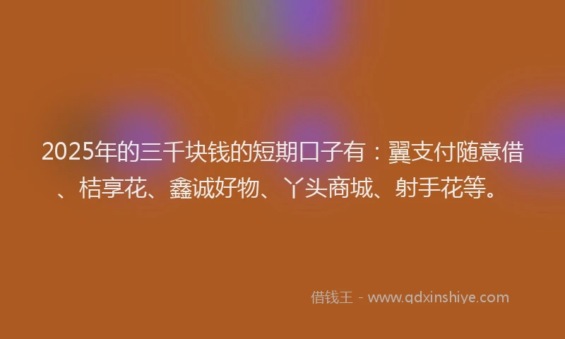 2025年的三千块钱的短期口子有：翼支付随意借、桔享花、鑫诚好物、丫头商城、射手花等。