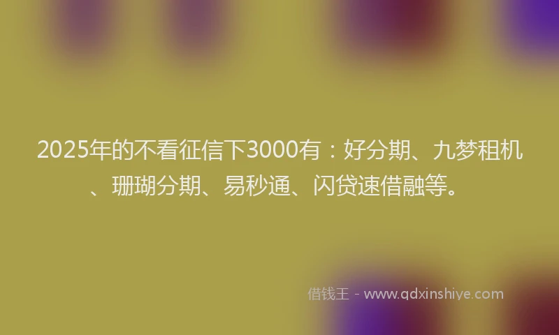 2025年的不看征信下3000有：好分期、九梦租机、珊瑚分期、易秒通、闪贷速借融等。