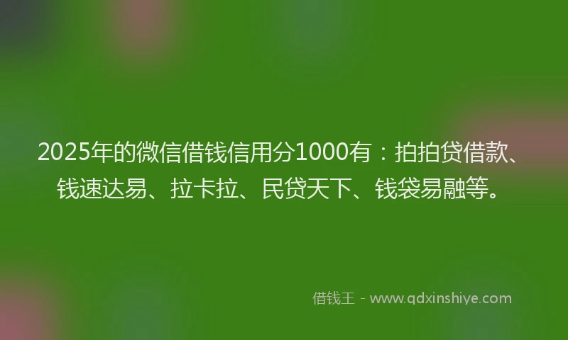 2025年的微信借钱信用分1000有：拍拍贷借款、钱速达易、拉卡拉、民贷天下、钱袋易融等。