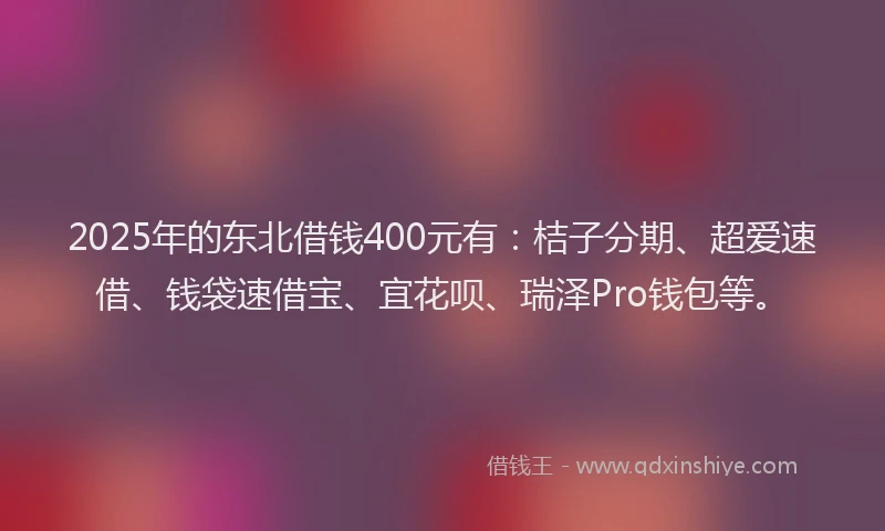 2025年的东北借钱400元有：桔子分期、超爱速借、钱袋速借宝、宜花呗、瑞泽Pro钱包等。