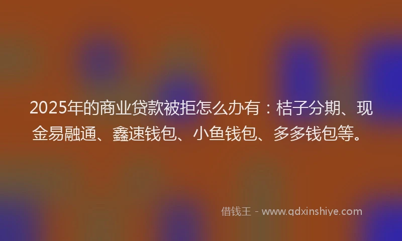 2025年的商业贷款被拒怎么办有：桔子分期、现金易融通、鑫速钱包、小鱼钱包、多多钱包等。