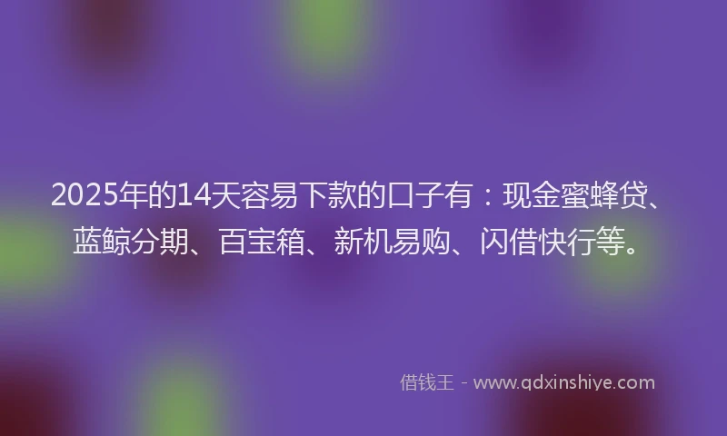 2025年的14天容易下款的口子有：现金蜜蜂贷、蓝鲸分期、百宝箱、新机易购、闪借快行等。