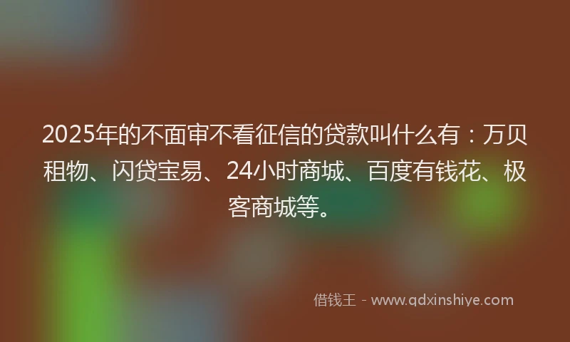 2025年的不面审不看征信的贷款叫什么有：万贝租物、闪贷宝易、24小时商城、百度有钱花、极客商城等。