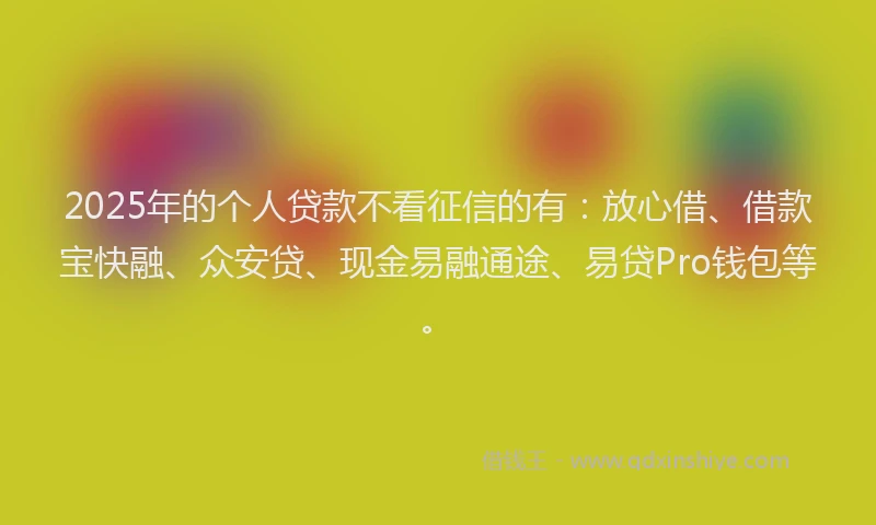 2025年的个人贷款不看征信的有：放心借、借款宝快融、众安贷、现金易融通途、易贷Pro钱包等。