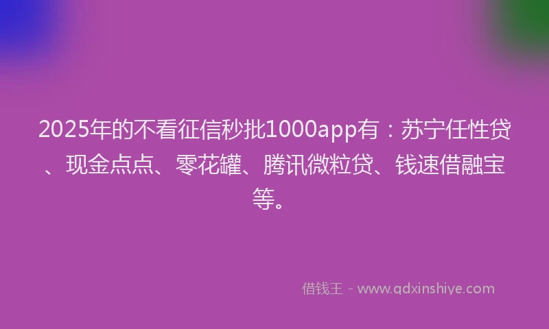 2025年的不看征信秒批1000app有：苏宁任性贷、现金点点、零花罐、腾讯微粒贷、钱速借融宝等。