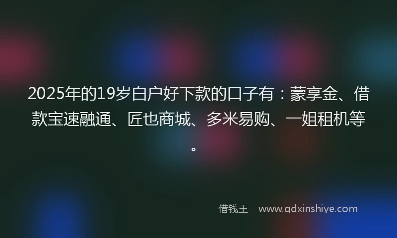 2025年的19岁白户好下款的口子有：蒙享金、借款宝速融通、匠也商城、多米易购、一姐租机等。