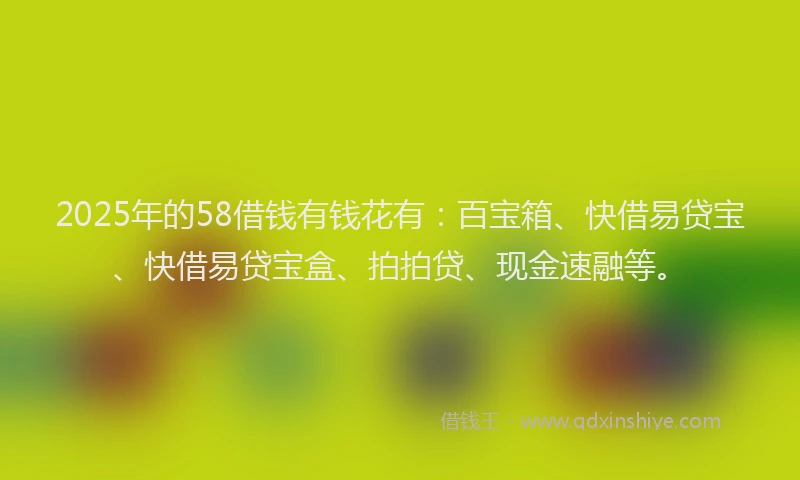 2025年的58借钱有钱花有：百宝箱、快借易贷宝、快借易贷宝盒、拍拍贷、现金速融等。