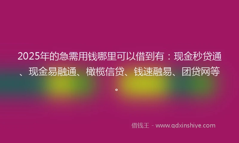 2025年的急需用钱哪里可以借到有：现金秒贷通、现金易融通、橄榄信贷、钱速融易、团贷网等。