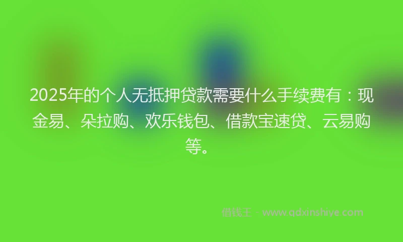 2025年的个人无抵押贷款需要什么手续费有：现金易、朵拉购、欢乐钱包、借款宝速贷、云易购等。