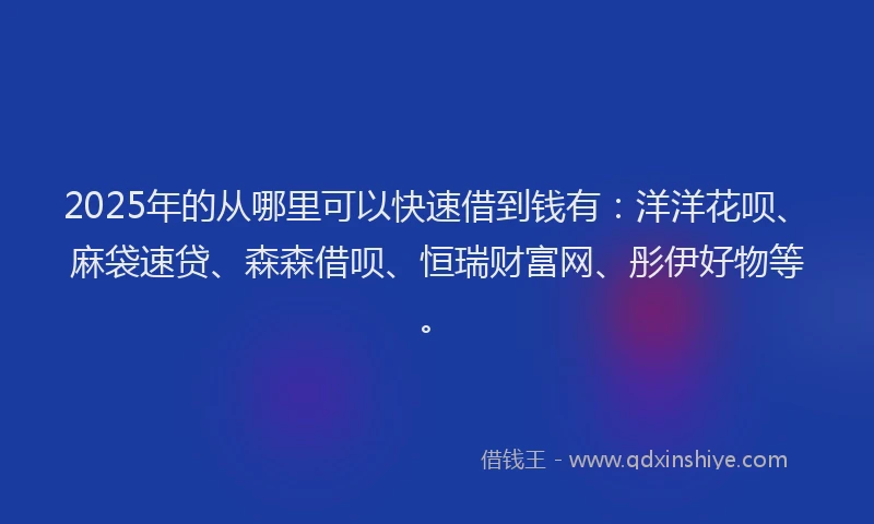 2025年的从哪里可以快速借到钱有：洋洋花呗、麻袋速贷、森森借呗、恒瑞财富网、彤伊好物等。
