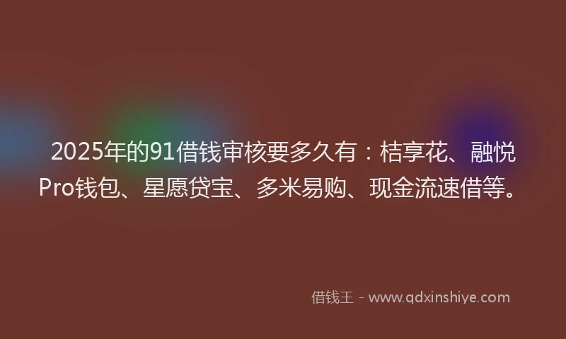 2025年的91借钱审核要多久有:桔享花、融悦Pro钱包、星愿贷宝、多米易购、现金流速借等。