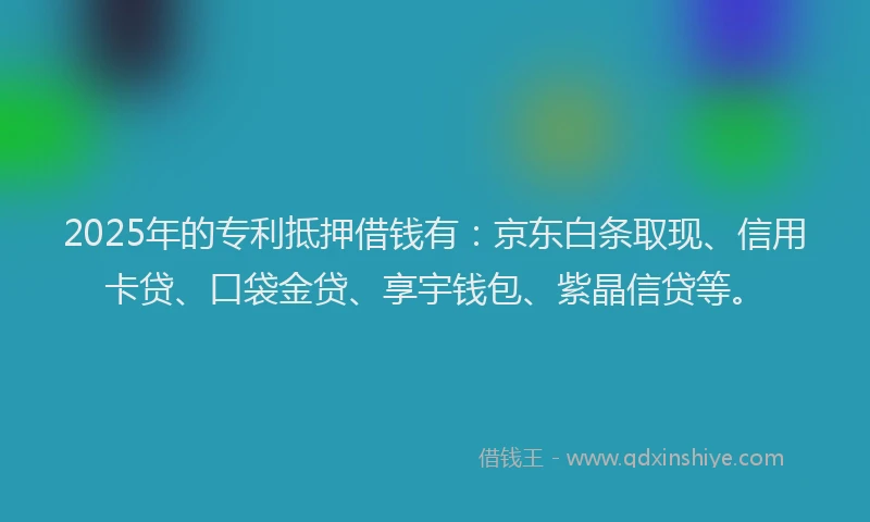 2025年的专利抵押借钱有：京东白条取现、信用卡贷、口袋金贷、享宇钱包、紫晶信贷等。