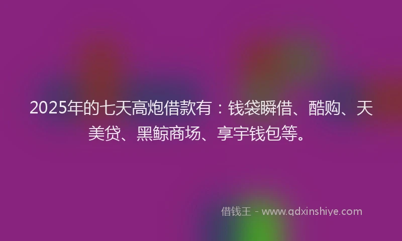 2025年的七天高炮借款有：钱袋瞬借、酷购、天美贷、黑鲸商场、享宇钱包等。