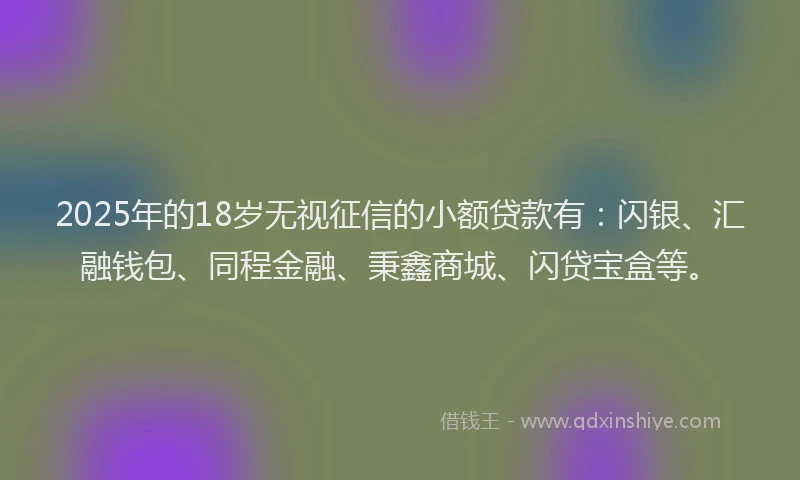 2025年的18岁无视征信的小额贷款有：闪银、汇融钱包、同程金融、秉鑫商城、闪贷宝盒等。