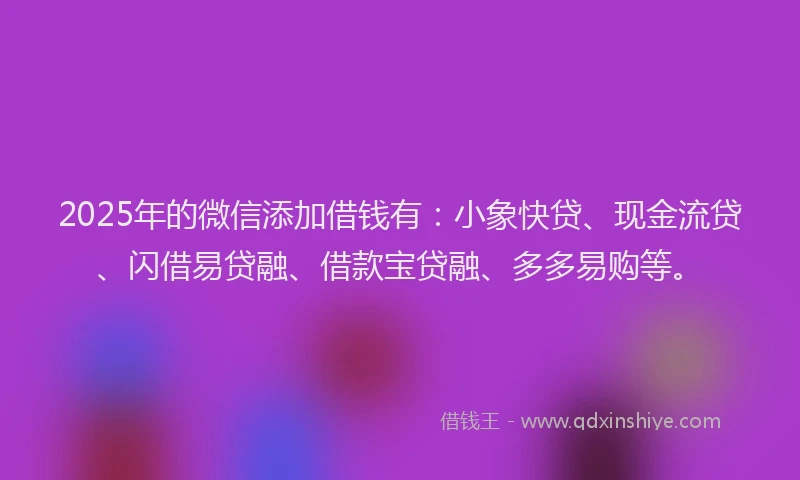 2025年的微信添加借钱有：小象快贷、现金流贷、闪借易贷融、借款宝贷融、多多易购等。