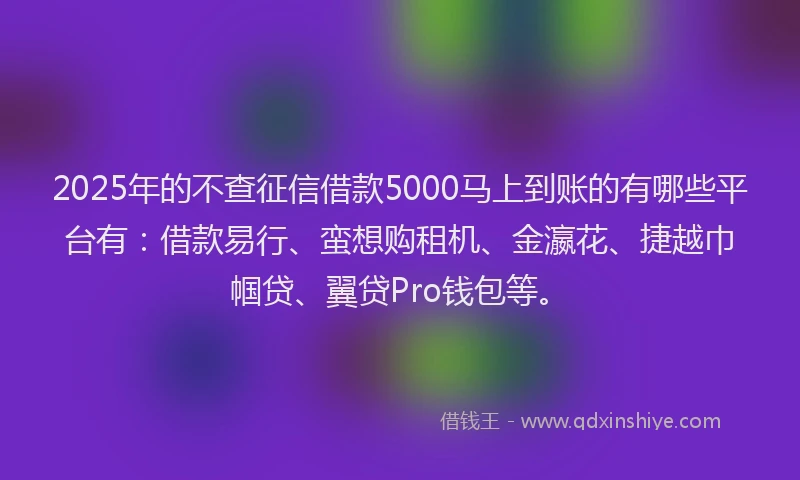 2025年的不查征信借款5000马上到账的有哪些平台有：借款易行、蛮想购租机、金瀛花、捷越巾帼贷、翼贷Pro钱包等。