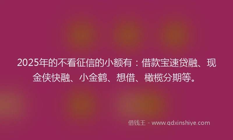 2025年的不看征信的小额有：借款宝速贷融、现金侠快融、小金鹤、想借、橄榄分期等。