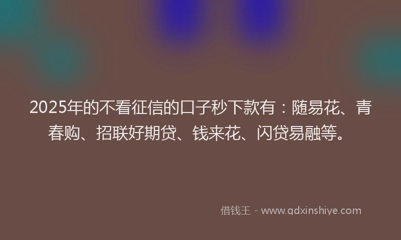 2025年的不看征信的口子秒下款有：随易花、青春购、招联好期贷、钱来花、闪贷易融等。